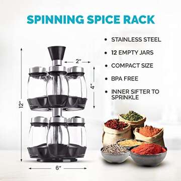 Belwares Revolving Spice Rack Organizer - Spinning Countertop Herb and Spice Organizer with 12 Glass Jar Bottles and Labels (Spices Not Included)