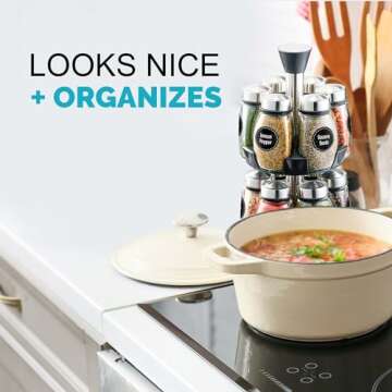 Belwares Revolving Spice Rack Organizer - Spinning Countertop Herb and Spice Organizer with 12 Glass Jar Bottles and Labels (Spices Not Included)