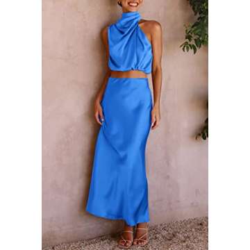 PRETTYGARDEN Women's 2 Piece Satin Outfits Summer Sleeveless Mock Neck Crop Tops and Long Skirt Dress Sets (Brilliant Blue,Small)