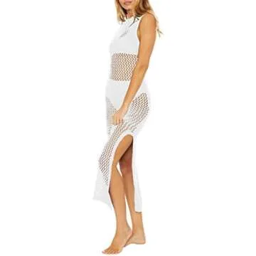 Ebifin Womens Sexy Cover Ups Crochet Dress Sleeveless Crew Neck Hollow Out Beach Cover Up Side Slit Knit Midi Dresses White