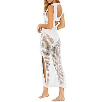 Ebifin Womens Sexy Cover Ups Crochet Dress Sleeveless Crew Neck Hollow Out Beach Cover Up Side Slit Knit Midi Dresses White