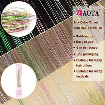 BAOTA Hair Tinsel Clip in 20 Inch Colorful Fairy Glitter Tinsel Hair Extensions Festival Gift Christmas Party Dazzle Hair Accessories for Women Girls Kids 6 Colors