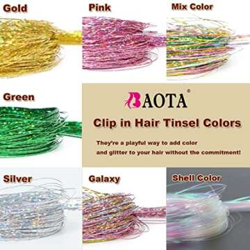 BAOTA Hair Tinsel Clip in 20 Inch Colorful Fairy Glitter Tinsel Hair Extensions Festival Gift Christmas Party Dazzle Hair Accessories for Women Girls Kids 6 Colors