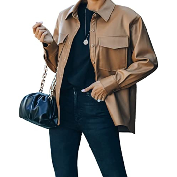 FERNGIRL Womens Button Front Faux PU Leather Jacket Shacket Casual Shirt Long Sleeve Blazer Coat with Bust Pocket