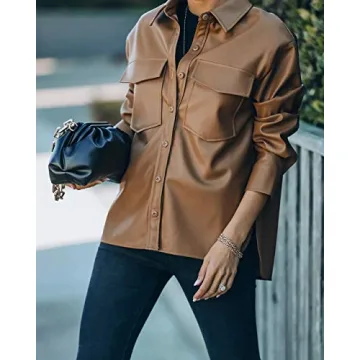 FERNGIRL Womens Button Front Faux PU Leather Jacket Shacket Casual Shirt Long Sleeve Blazer Coat with Bust Pocket
