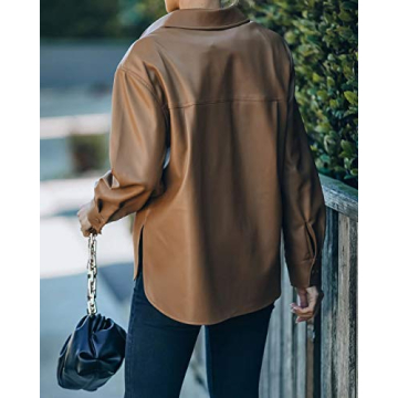 FERNGIRL Womens Button Front Faux PU Leather Jacket Shacket Casual Shirt Long Sleeve Blazer Coat with Bust Pocket
