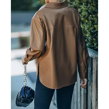 FERNGIRL Womens Button Front Faux PU Leather Jacket Shacket Casual Shirt Long Sleeve Blazer Coat with Bust Pocket