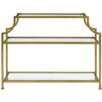Crosley Aimee Sofa Console Table with Glass Shelves in Gold
