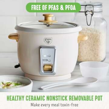 GreenLife Electric Rice Cooker Steamer - 3 Cups Uncooked, 6 Cups Cooked, Eco-Friendly Nonstick Desig...