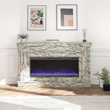 Novogratz Waverly Wide Mantel with Linear Electric Fireplace & Crystal Ember Bed, Onyx Marble