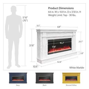Novogratz Waverly Wide Mantel with Linear Electric Fireplace & Crystal Ember Bed, Onyx Marble