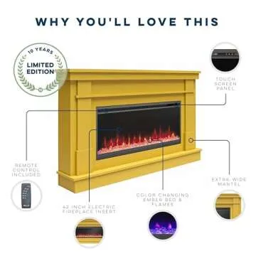 Novogratz Waverly Wide Mantel with Linear Electric Fireplace & Crystal Ember Bed, Onyx Marble