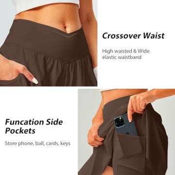 DLOODA Womens Tennis Skirt with Pockets Shorts Crossover High Waisted Athletic Skorts Skirts for Golf Running Workout (Brown XL)
