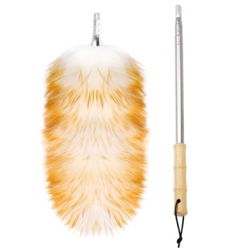 FeelfunFeather Feathers Duster: Long Telescoping Lambswool Duster with Stainless Steel Extension for...