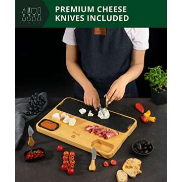 ROYAL CRAFT WOOD Extra Large Bamboo Cheese Board and Knife Set - With Slate Plate and Sauce Bowls