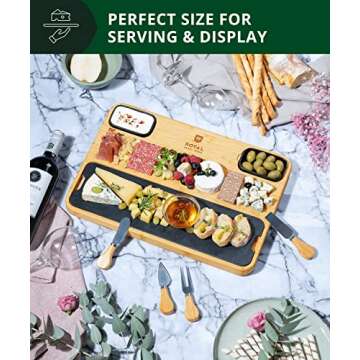 ROYAL CRAFT WOOD Extra Large Bamboo Cheese Board and Knife Set - With Slate Plate and Sauce Bowls