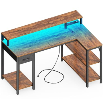 SUPERJARE 47 Inch Reversible L Shaped Desk - LED Lights & Power Outlets, Gaming & Office Desk with S...