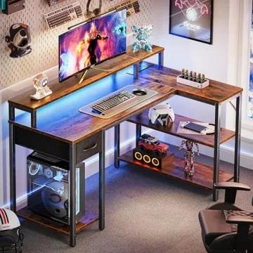 47 Inch L Shaped Desk with LED Lights for Home Office