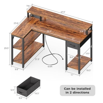 47 Inch L Shaped Desk with LED Lights for Home Office