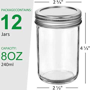 Glass Regular Mouth Mason Jars, 8 Oz Glass Jars with Metal Airtight Lids & Bands for Canning, Food Storage, Prep, Jams, Jellies, Pickles, Preserves, Overnight Oats, Spices, Salad, Drinking (12 Pack)