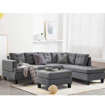 MOOSENG, 3-Piece Sectional Furniture Set with Chaise Lounge and Storage Ottoman L Shape Couch Sofas, Gray