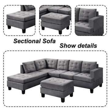 MOOSENG, 3-Piece Sectional Furniture Set with Chaise Lounge and Storage Ottoman L Shape Couch Sofas, Gray