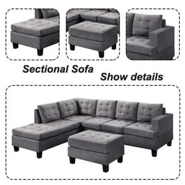MOOSENG, 3-Piece Sectional Furniture Set with Chaise Lounge and Storage Ottoman L Shape Couch Sofas, Gray