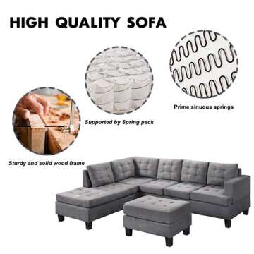 MOOSENG, 3-Piece Sectional Furniture Set with Chaise Lounge and Storage Ottoman L Shape Couch Sofas, Gray