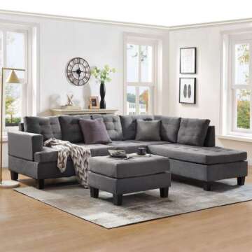 MOOSENG, 3-Piece Sectional Furniture Set with Chaise Lounge and Storage Ottoman L Shape Couch Sofas, Gray
