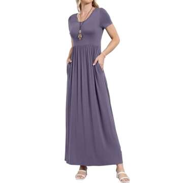 EUOVMY Maxi Dress for Women Loose Plain Crewneck Short Sleeves Wedding Guest A-line Casual Ladies Lo...