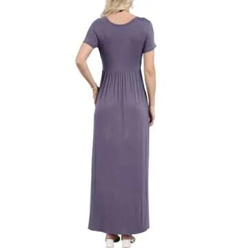 EUOVMY Maxi Dress for Women Loose Plain Crewneck Short Sleeves Wedding Guest A-line Casual Ladies Long Dresses Party Vintage Flowy Spring Summer Beach Sundress with Pockets Purple Gray Medium