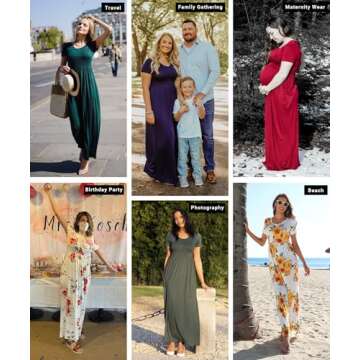 EUOVMY Maxi Dress for Women Loose Plain Crewneck Short Sleeves Wedding Guest A-line Casual Ladies Long Dresses Party Vintage Flowy Spring Summer Beach Sundress with Pockets Purple Gray Medium