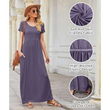 EUOVMY Maxi Dress for Women Loose Plain Crewneck Short Sleeves Wedding Guest A-line Casual Ladies Long Dresses Party Vintage Flowy Spring Summer Beach Sundress with Pockets Purple Gray Medium