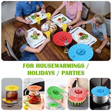 Silicone Food Lids - Set of 5 Colorful BPA Free Suction Covers - Heat Resistant Microwave Lids for Bowls, Cups, Pots and Pans - StoveTop, Oven, Fridge and Freezer Safe.