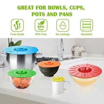 Silicone Food Lids - Set of 5 Colorful BPA Free Suction Covers - Heat Resistant Microwave Lids for Bowls, Cups, Pots and Pans - StoveTop, Oven, Fridge and Freezer Safe.