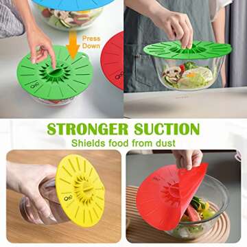 Silicone Food Lids - Set of 5 Colorful BPA Free Suction Covers - Heat Resistant Microwave Lids for Bowls, Cups, Pots and Pans - StoveTop, Oven, Fridge and Freezer Safe.