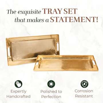 Decorative Gold Trays by Objet D’Art, Beaufort Rectangular Bar Tray for Living Room, Ottoman and Coffee Table, Set of 2 Trays for Candles, Liquor, and Centerpieces