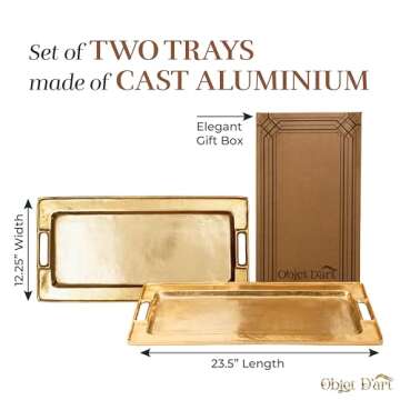 Decorative Gold Trays by Objet D’Art, Beaufort Rectangular Bar Tray for Living Room, Ottoman and Coffee Table, Set of 2 Trays for Candles, Liquor, and Centerpieces