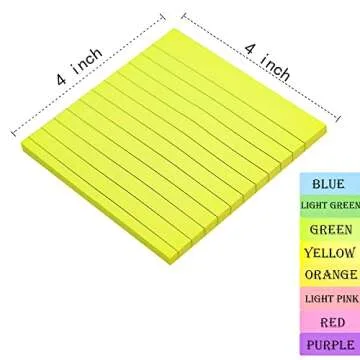 8 Pads of 4x4 Lined Sticky Notes - 8 Bright Colors for School & Office