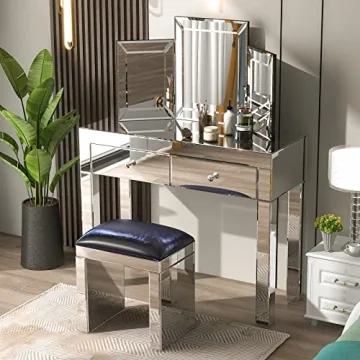 Henf Elegant Mirrored Vanity Table Set for Makeup