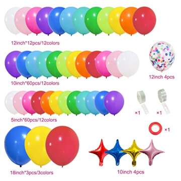 PERPAOL 146pcs Rainbow Balloons Garland Arch Kit, 12 Assorted Multicolor Balloons for Birthday Color Party Anniversary Festival Carnival Circus Decoration with Star Foil Confetti Balloons