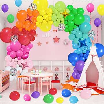 PERPAOL 146pcs Rainbow Balloons Garland Arch Kit, 12 Assorted Multicolor Balloons for Birthday Color Party Anniversary Festival Carnival Circus Decoration with Star Foil Confetti Balloons
