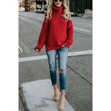 HVEPUO Chunky Plus Size Fall Knitted Sweaters Turtle Neck Flowy Long Sleeve Off The Shoulder Casual Loose Fit Jumper Sweater for Women Red XL