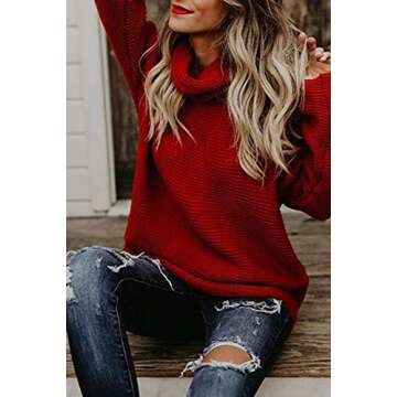 HVEPUO Chunky Plus Size Fall Knitted Sweaters Turtle Neck Flowy Long Sleeve Off The Shoulder Casual Loose Fit Jumper Sweater for Women Red XL