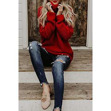 HVEPUO Chunky Plus Size Fall Knitted Sweaters Turtle Neck Flowy Long Sleeve Off The Shoulder Casual Loose Fit Jumper Sweater for Women Red XL
