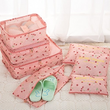 7Pcs Travel Packing Cube Set with Waterproof Shoe Bag Pink Cherry