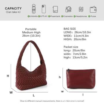 Handmade Woven Bag Women Shoulder Handbags Vegan Leather Tote Bag With Purses Woven Tote Bag Shoulder Bag Underarm Bag (Wine red)