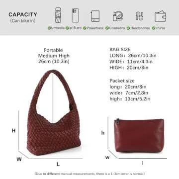 Handmade Woven Bag Women Shoulder Handbags Vegan Leather Tote Bag With Purses Woven Tote Bag Shoulder Bag Underarm Bag (Wine red)