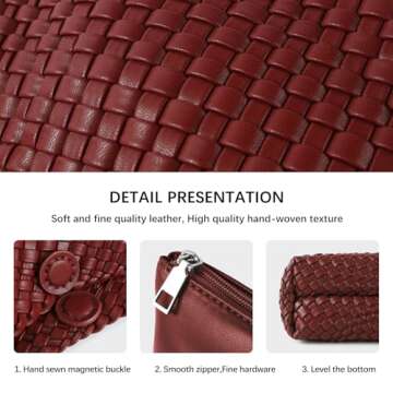 Handmade Woven Bag Women Shoulder Handbags Vegan Leather Tote Bag With Purses Woven Tote Bag Shoulder Bag Underarm Bag (Wine red)