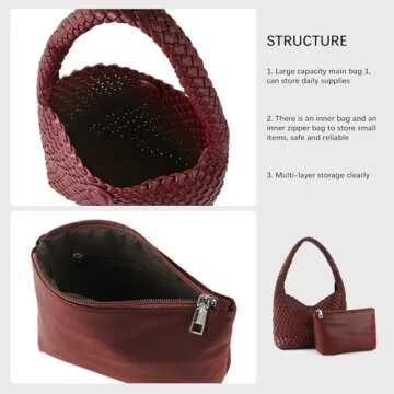 Handmade Woven Bag Women Shoulder Handbags Vegan Leather Tote Bag With Purses Woven Tote Bag Shoulder Bag Underarm Bag (Wine red)
